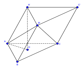 Đề: Cho lăng trụ ABC.A’B’C’ có đáy ABC là tam giác đều cạnh 2a và đường thẳng AA’ tạo với mặt phẳng (ABC) một góc bằng ({60^0},,,AA' = 2a). Tính thể tích khối tứ diện ACA’B’ theo a. 1