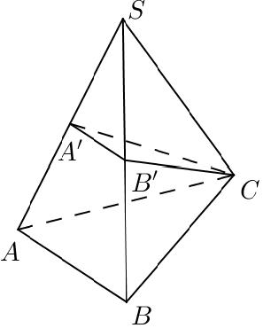 Đề: Cho hình chóp S.ABC có A', B' lần lượt là trung điểm của các cạnh SA, SB. Tính tỉ số thể tích (frac{{{V_{SABC}}}}{{{V_{SA'B'C}}}}.) 1