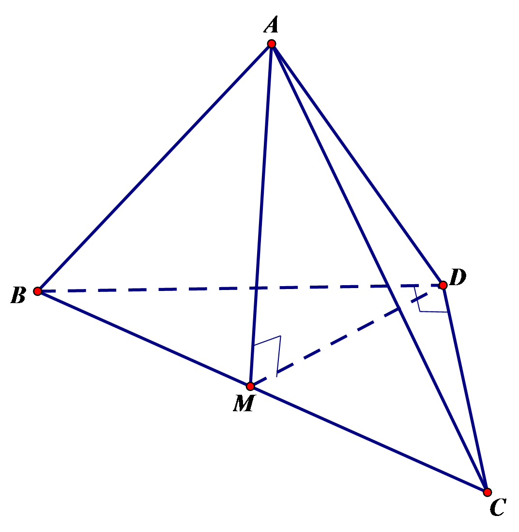 Đề: Cho tứ diện ABCD có ABC là tam giác đều, BCD là tam giác vuông cân tại D và (left( {ABC} right) bot left( {BCD} right)). Có bao nhiêu mặt phẳng chứa hai điểm A, D và tiếp xúc với mặt cầu đường kính BC?  1