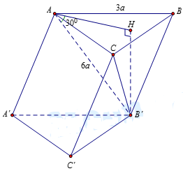 Đề: Cho hình lăng trụ tam giác (ABC.A'B'C') có đáy là tam giác đều cạnh 3a. Biết (AB') tạo với đáy (left( {ABC} right)) một góc ({30^o}) và (AB' = 6{rm{a}}.) Tính thể tích V của khối đa diện (A'B'C'AC.) 1