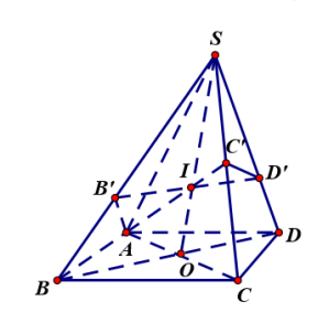 Đề: Cho hình chóp tứ giác S.ABCD có thể tích bằng V với đáy là hình bình hành. Gọi C’ là trung điểm cạnh SC. Mặt phẳng qua AC’ và song song với BD cắt các cạnh SB, SD lần lượt tại B’; D’. Tính thể tích V’ của khối chóp S.A’B’C’D’. 1