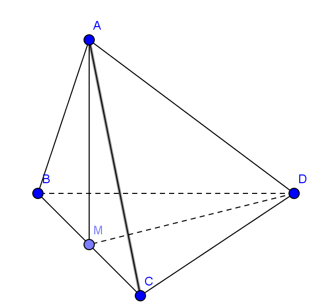 Đề: Cho tứ diện ABCD có ABC và DBC là 2 tam giác đều cạnh chung BC = 2. Cho biết mặt bên (DBC) tạo với mặt đáy (ABC) góc (2alpha ) mà (cos 2alpha  =  - frac{1}{3}). Hãy xác định tâm O của mặt cầu ngoại tiếp tứ diện đó. 1