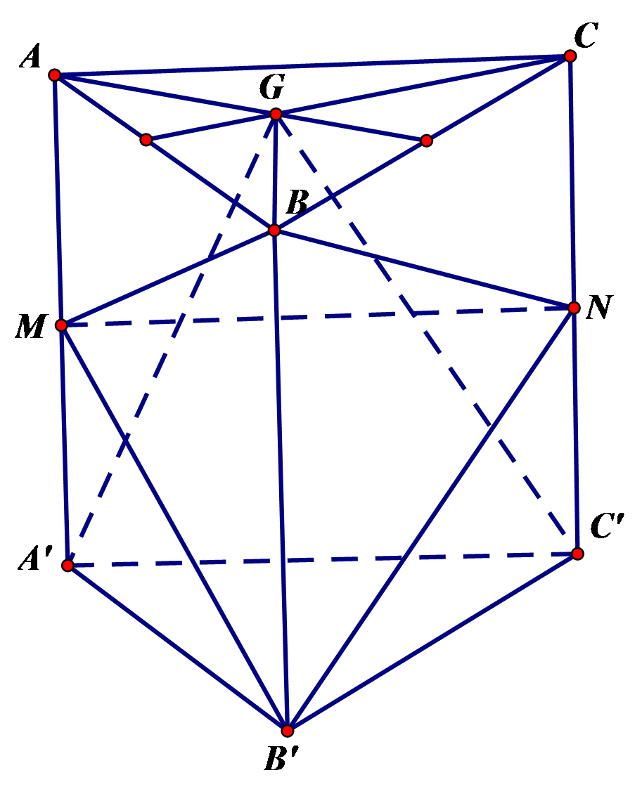 Đề: Cho khối lăng trụ tam giác ABC.A’B’C’. Gọi M, N lần lượt thuộc các cạnh bên AA’, CC’ sao cho MA=MA' và NC=4NC'. Gọi G là trọng tâm tam giác ABC. Trong bốn khối tứ diện GA’B’C’, BB’MN, ABB’C’ và A’BCN, khối tứ diện nào có thể tích nhỏ nhất? 1