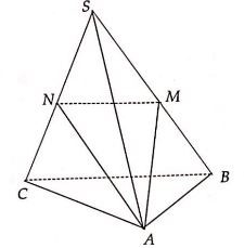 Đề: Cho hình chóp S.ABC. Gọi M, N lần lượt là trung điểm của SB, SC. Tính tỉ số (frac{{{V_{SAMN}}}}{{{V_{SABC}}}})? 1
