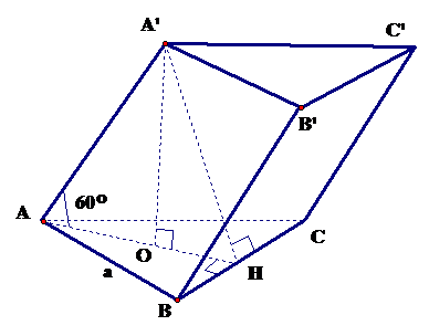 Đề: Cho lăng trụ tam giác ABC.A'B'C' có đáy ABC là tam giác đều cạnh a. Hình chiếu của A' xuống (ABC) là tâm O đường tròn ngoại tiếp tam giác ABC biết AA' hợp với đáy ABC một góc 600. TÍnh thể tích V của khối lăng trụ ABC.A’B’C’. 1