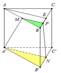 Đề: Cho hình lăng trụ tam giác đều (ABC.{A'}{B'}{C'}) có tất cả các cạnh bằng a. Gọi M, N lần lượt là trung điểm của các cạnh AB và ({B'}{C'}.) Mặt phẳng (left( {{A'}NM} right)) cắt cạnh BC tại P. Thể tích khối đa diện (MBP.{A'}{B'}N) bằng: 1