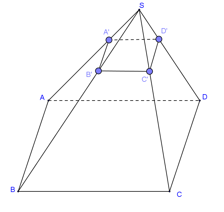 Đề: Cho hình chóp tứ giác S.ABCD có thể tích bằng V. Lấy điểm A’ trên cạnh SA sao cho (SA' = frac{1}{3}SA) . Mặt phẳng qua A’ và song song với đáy của hình chóp cắt các cạnh SB, SC, SD lần lượt tại B’, C’, D’. Tính thể tích khối chóp S.A’B’C’D’. 1