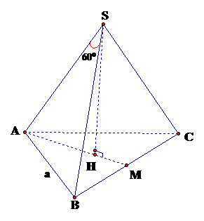 Đề: Cho hình chóp tam giác đều(S.ABC), cạnh đáy bằng (a),(widehat {{rm{AS}}B} = {60^0}). Thể tích của khối chóp(S.ABC)là 1