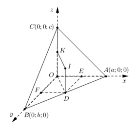 Đề: Trong không gian với hệ tọa độ Oxyz, cho A(a;0;0), B(0;b;0), C(0;0;c) với a,b,c dương. Biết A, B, C di động trên các tia Ox, Oy, Oz sao cho a+b+c=2. Biết rằng khi a,b,c thay đổi thì quỹ tích tâm hình cầu ngoại tiếp tứ diện OABC thuộc mặt phẳng (P) cố định. Tính khoảng cách d từ M(2016;0;0) tới mặt phẳng (P).  1