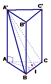 Đề: Đáy của lăng trụ đứng tam giác ABC.A’B’C’ là tam giác đều cạnh a = 4 và biết diện tích tam giác A’BC bằng 8. Tính thể tích V của khối lăng trụ ABC.A’B’C’. 1