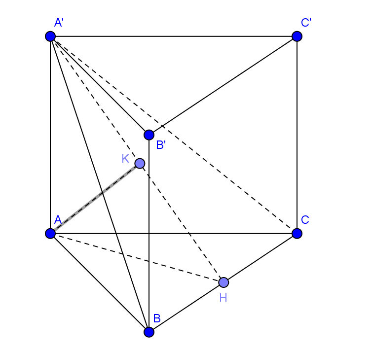 Đề: Cho hình lăng trụ tam giác đều ABC.A’B’C’ có cạnh đáy bằng 2a, khoảng cách từ điểm A tới (A’BC) bằng (frac{{asqrt 6 }}{2}). Tính thể tích V của khối lăng trụ đã cho.  1