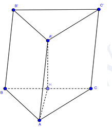 Đề: Khối lăng trụ ABC.A’B’C’ có đáy là một tam giác đều cạnh a, góc giữa cạnh bên và mặt phẳng đáy bằng ({30^0}). Hình chiếu của đỉnh A’ trên mặt phẳng đáy (ABC) trùng với trung điểm của cạnh BC. Tính thể tích của khối lăng trụ đã cho.  1