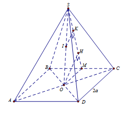 Đề: Cho hình chóp tứ giác đều S.ABCD có đáy là hình vuông tâm O cạnh bằng 2a. Gọi I là trung điểm của SO. Biết khoảng cách từ I đến mặt phẳng (SBC) bằng (frac{{asqrt 5 }}{5}.) Tính thể tích V của khối chóp S.ABCD. 1