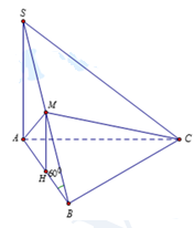 Đề: Cho hình chóp S.ABC có đáy ABC là tam giác vuông cân tại B, (AB = a.) Đường thẳng SA vuông góc với mặt phẳng (left( {ABC} right)), góc giữa SB và mặt phẳng (left( {ABC} right)) bằng ({60^o}.) Tính thể tích V của khối chóp M.ABC, với M  là trung điểm của SB. 1