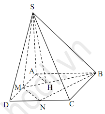 Đề: Cho hình chóp S.ABCD có đáy ABCD là hình vuông, SA vuông góc với mặt phẳng (ABC) và SA = a. Gọi M, N lần lượt là trung điểm của AD, DC. Góc giữa mặt phẳng (SBM) và mặt phẳng (ABC)  bằng ({45^0}). Tính thể tích khối chóp S.ABNM 1
