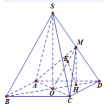 Đề: Cho hình chóp tứ giác đều S.ABCD có thể tích (V = frac{{sqrt 2 }}{6}.) Gọi M  là trung điểm của cạnh SB. Biết (SBperp SD). Tính khoảng cách d từ điểm B đến mặt phẳng (MAC). 1