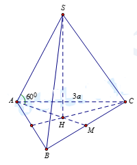 Đề: Cho hình chóp tam giác đều S.ABC có cạnh đáy bằng 3a, góc giữa cạnh bên và mặt đáy bằng ({60^o}.) Tính thể tích V của khối chóp.  1
